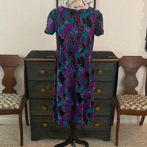 Handmade Vintage Floral Midi Dress in Teal & Purple